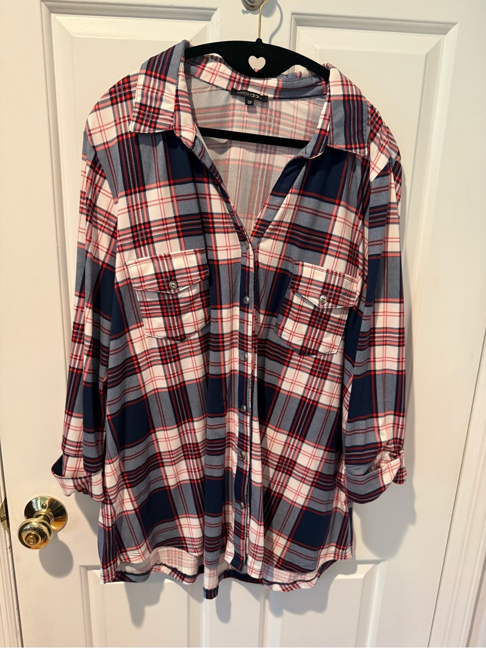 Papermoon Plaid Button-Front Women’s Shirt – Navy, White & Red 2X